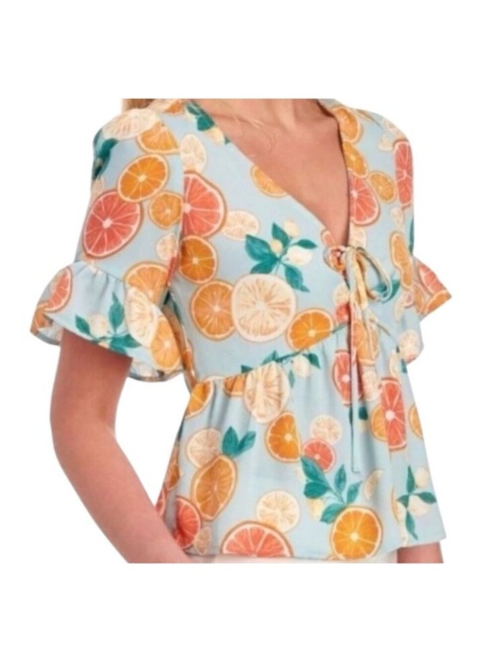 June & Hudson Citrus Print Button Flutter Sleeve Boho Peasant Blouse Medium